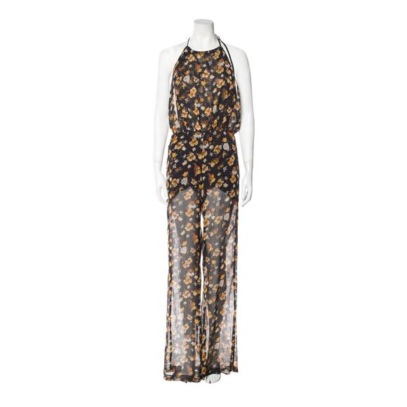 Reformation Sheer Yellow Floral Black Jumpsuit Size Small EUC - Picture 1 of 6